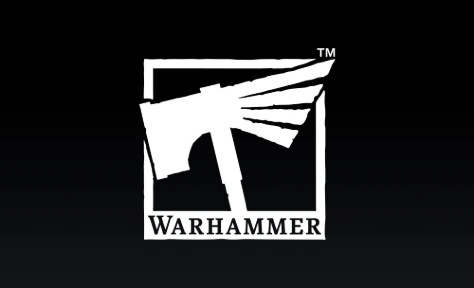 Warhammer logo featuring a white stylized winged hammer icon inside a square frame on a black background.