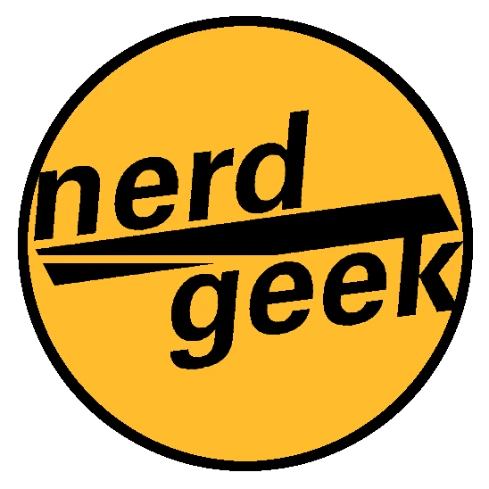 Nerd Geek circular logo with black text on a yellow background and a stylized divider.