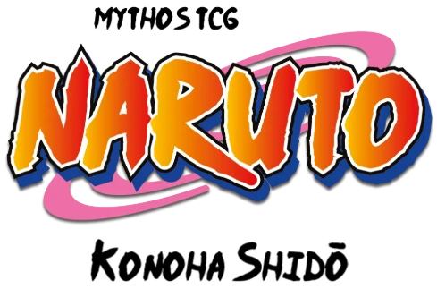 Naruto Mythos TCG logo featuring the word "Naruto" in classic orange gradient lettering with a pink swirl background, and the text "Konoha Shidō" below.